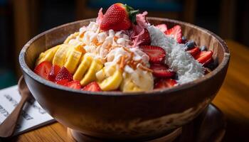 fresco frutta insalata con Yogurt, muesli, e frutti di bosco generato di ai foto