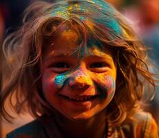gioioso ragazze con viso dipingere a holi Festival generato di ai foto