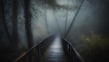 spaventoso foresta mistero, nebbia velato tranquillo scena generato di ai foto