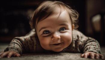 sorridente bambino ragazzo giocando felicemente su pavimento generato di ai foto