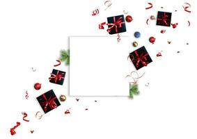 Natale regalo carta con rosso arco su sfocato luminosa luci, modello copia spazio foto
