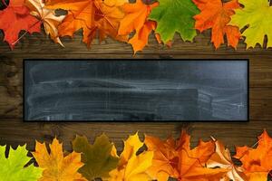 autunno sfondo con autunno le foglie. nero lavagna nel centro con copia spazio per il tuo testo. accogliente autunno ancora vita. indietro per scuola concetto. foto