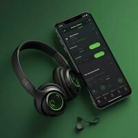 mobile Telefono schermo modello, nero cuffie smartphone Schermo finto su e testa telefoni per ascoltando musica, Audio, Podcast App , creare ai foto