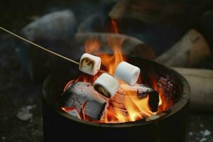 ardente fuoco nel un' compatto griglia, legna logs Engulfed nel rosso fiamme, avvicinamento di friggere marshmallows su fuoco, Fumo si alza, concetto di divertimento festa, cucinando delicatezza all'aperto, creare ai foto