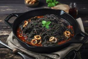 tradizionale italiano spaghetti al nero di seppia con calamaro inchiostro nel pomodoro salsa servito come avvicinamento nel un' ghisa padella su un' di legno asse, creare ai foto