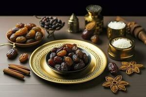 eid al-Fitr vacanza concetto con dolce secco date, frutta e decorazioni su luminosa sfondo. superiore Visualizza a partire dal sopra, creare ai foto