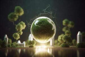 energia consumo e co2 gas emissioni siamo crescente leggero bulbi con verde eco città, rinnovabile energia di 2050 carbonio neutro energia, Salva energia creativo idea concetto, generativo ai. foto