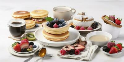 Pancakes con fresco frutta, ciambelle e caffè su un' bianca sfondo., creare ai foto