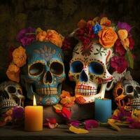 giorno di il morto teschi. dia de los muertos. giorno di il morto e messicano Halloween sfondo. messicano tradizione Festival. giorno di il morto zucchero cranio. dia de los muertos, creare ai foto