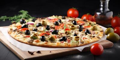 un' Pizza con pomodori e olive ai generato foto