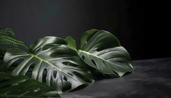 tropicale palma Monstera le foglie isolato su grigio tavolo sfondo. , creare ai foto