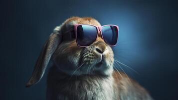 freddo coniglietto con occhiali da sole su colorato sfondo. generativo ai foto