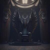 illustrazione di il inferno trono sala con un' trono, idea per pauroso sfondo sfondo, fantasia trono, maestoso trono camera decorato, generativo ai foto