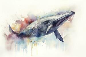 un' balena varco nel un' tempestoso oceano acquerello la pittura, bellissimo naturale le forme, croccante pulito forme, colorato, bianca sfondo, creare ai foto