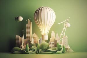 carta tagliare di leggero lampadina con verde eco città , rinnovabile energia di 2050 carbonio neutro energia o serra gas emissione co2 , Salva energia creativo idea concetto , generativo ai foto