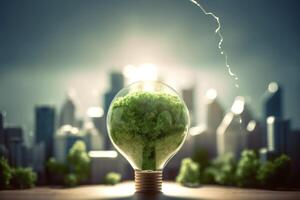 energia consumo e co2 gas emissioni siamo crescente leggero bulbi con verde eco città, rinnovabile energia di 2050 carbonio neutro energia, Salva energia creativo idea concetto, generativo ai. foto