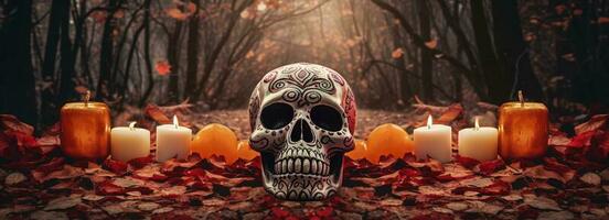 giorno di il morto teschi. dia de los muertos. giorno di il morto e messicano Halloween sfondo. messicano tradizione Festival. giorno di il morto zucchero cranio. dia de los muertos, creare ai foto