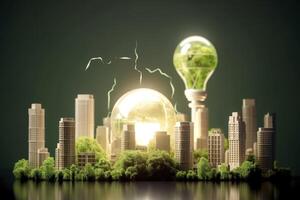 energia consumo e co2 gas emissioni siamo crescente leggero bulbi con verde eco città, rinnovabile energia di 2050 carbonio neutro energia, Salva energia creativo idea concetto, generativo ai. foto