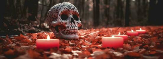 giorno di il morto teschi. dia de los muertos. giorno di il morto e messicano Halloween sfondo. messicano tradizione Festival. giorno di il morto zucchero cranio. dia de los muertos, creare ai foto