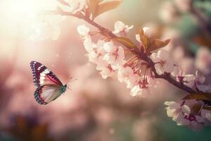 primavera striscione, rami di fioritura ciliegia contro il sfondo di blu cielo, e farfalle su natura all'aperto. rosa sakura fiori, sognante romantico Immagine molla, paesaggio panorama, creare ai foto