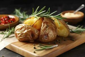 gustoso al forno Patata e aromatico rosmarino servito su di legno asse, avvicinamento, creare ai foto