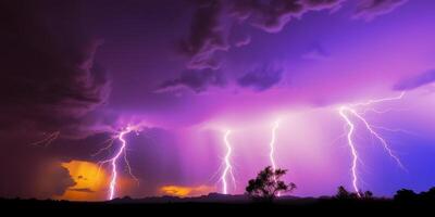 viola fulmine tempesta con viola e arancia cielo ai generato foto