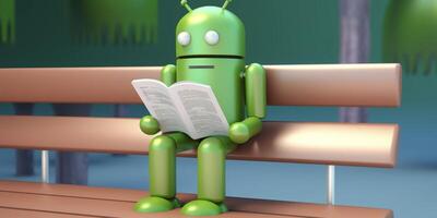 androide robot legge un' libro su il panchina ai generato foto