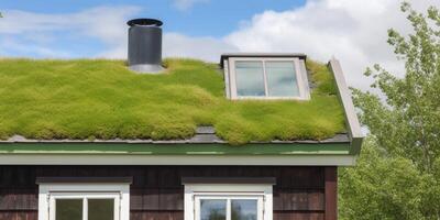 un' piccolo Casa con un' verde tetto e un' finestra ai generato foto