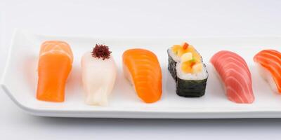 tradizionale varietà di giapponese Sushi su bianca sfondo ai generato foto