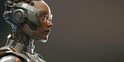 profilo ritratto di robot Bot ai con collegato bicchieri bianca sfondo. sintetico umanoide robot, artificiale intelligence.ritratto di ginoide, futuristico cyborg. bandiera con spazio per testo, copia spazio foto