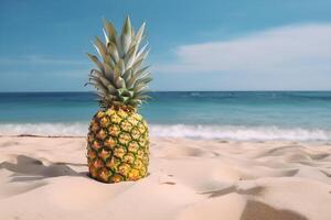 ananas su il sabbia su il spiaggia con copia spazio. concetto di estate vacanze. ai generato. foto