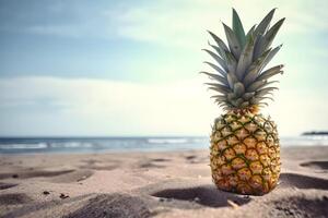 ananas su il sabbia su il riva del mare con copia spazio. concetto di estate vacanze. ai generato. foto