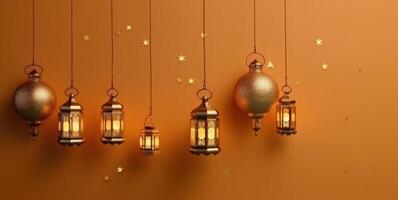 lanterna islamico , eid mubarak, eid al adha bandiera illustrazione ai generativo foto