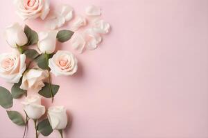 leggero rosa Rose e petali su rosa sfondo con copia spazio, superiore Visualizza. fiore composizione. ai generato. foto