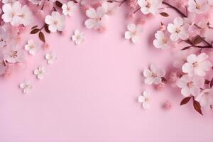 Mela o ciliegia fiori e petali su rosa sfondo con copia spazio, superiore Visualizza. fiore composizione. ai generato. foto
