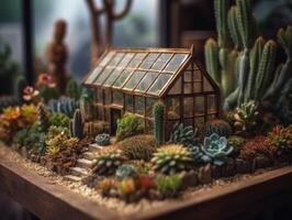 fantasia miniatura casa fiori succulente e cactus nel il giardino creato con generativo ai tecnologia foto