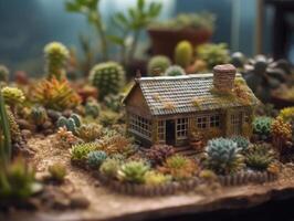 fantasia miniatura casa fiori succulente e cactus nel il giardino creato con generativo ai tecnologia foto