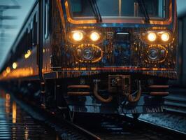 treno su il ferrovia brani a notte nel il pioggia. il concetto di viaggio. creato con generativo ai tecnologia. foto