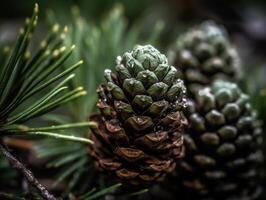 pino coni nel il foresta. selettivo messa a fuoco. creato con generativo ai tecnologia. foto