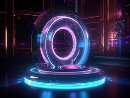 fantastico cerchio ologrammi Magia portali. futuristico il giro palcoscenico con neon luci. raggiante il giro palcoscenico su un' buio sfondo. creato con generativo ai tecnologia foto