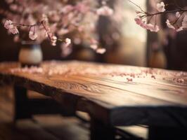 di legno tavolo con ciliegia fiori nel un' bar su sfocato sfondo creato con generativo ai tecnologia foto