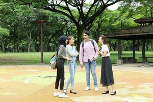 giovane asiatico malese Cinese uomo donna all'aperto parco camminare In piedi studia parlare discutere punto il computer portatile file libro zaino mescolarsi divertimento incontrare salutare foto