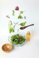 mescolare frondoso verdura insalata verde viola lattuga bicchiere ciotola elevato volante lancio foto