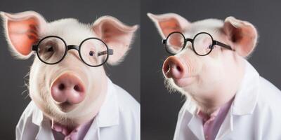 maiale indossare un' laboratorio cappotto con bicchieri ai generato foto