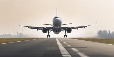 aereo è di per decollare a partire dal pista di decollo ai generato foto