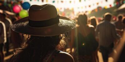 persone indossare contadino cappello festeggiare festa junina. silhouette folla di persone celebrare feste juninas. colorato ghirlanda giugno brasiliano Festival. sao joao. generativo ai illustrazione foto