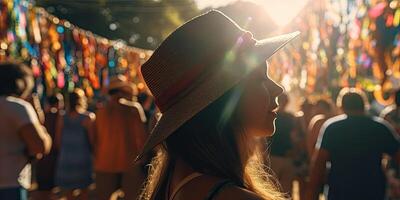 persone indossare contadino cappello festeggiare festa junina. silhouette folla di persone celebrare feste juninas. colorato ghirlanda giugno brasiliano Festival. sao joao. generativo ai illustrazione foto