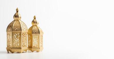 realistico moderno islamico vacanza bandiera per eid al adha. eid al Fitr bianca sfondo. d'oro lanterna decorazione con spazio per testo. generativo ai illustrazione. foto