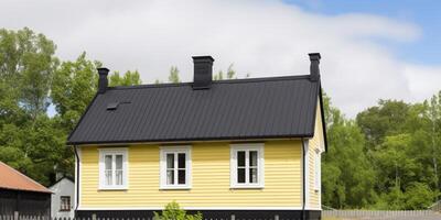 un' piccolo giallo Casa con un' nero tetto ai generato foto