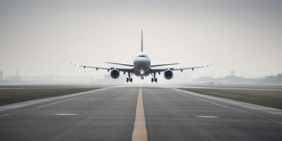 aereo su un' pista di decollo con cielo nel il sfondo ai generato foto